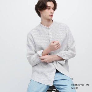 Férfi Uniqlo 100% Premium Linen Csíkos Regular Fit (Grandad Collar) Ingek Kék | JSDTF-1926