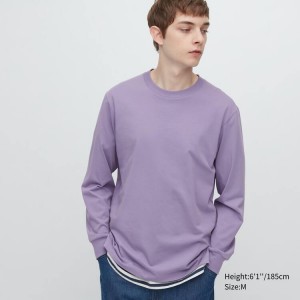 Férfi Uniqlo Airism Pamut Crew Neck Long Sleeved Póló Lila | GYMAE-3459