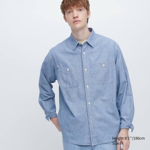 Férfi Uniqlo Chambray Regular Fit Munka (Regular Collar) Ingek Kék | ZFSPR-8723