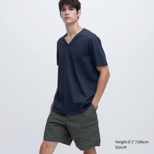 Férfi Uniqlo Dry Colour V Neck (2020 Season) Póló Sötétkék | JVHZO-6035