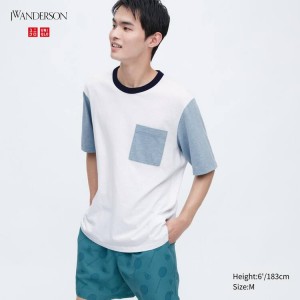 Férfi Uniqlo Jw Anderson Pocket Rövid Sleeved Póló Fehér | SXRQY-7059