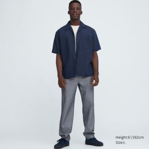 Férfi Uniqlo Linen Blend Csíkos Relaxed Fit Nadrág Kék | QSRXF-5820