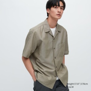 Férfi Uniqlo Linen Blend Rövid Sleeved (Open Collar) Ingek Olivazöld | YAJNH-0761