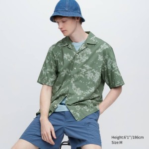 Férfi Uniqlo Pamut Blend Alkalmi Printed Rövid Sleeved (Open Collar) Ingek Zöld | SXVLH-1495