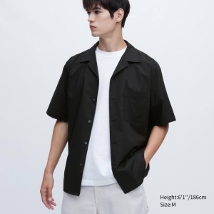 Férfi Uniqlo Pamut Blend Alkalmi Rövid Sleeved (Open Collar) Ingek Fekete | VBWHI-1286