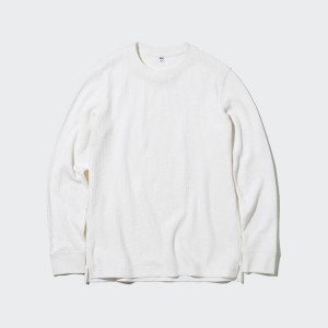 Férfi Uniqlo Waffle Crew Neck Long Sleeved Póló Fehér | SBJNP-4826