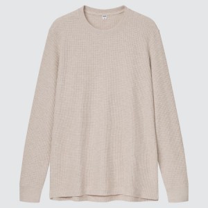 Férfi Uniqlo Waffle Crew Neck Long Sleeved (2021 Season) Póló Bézs | ZOPKY-5318