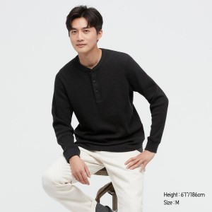 Férfi Uniqlo Waffle Henley Felsők Fekete | XQMDZ-0423