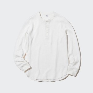 Férfi Uniqlo Waffle Henley Neck Long Sleeved Póló Fehér | FWSEX-3840