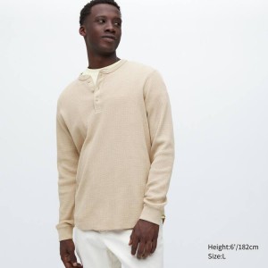 Férfi Uniqlo Waffle Henley Neck Long Sleeved Póló Bézs | THMZY-8076