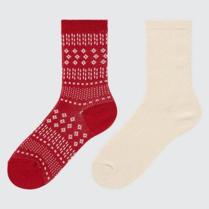 Gyerek Uniqlo Heattech Fair Isle Print (Two Pairs) Zokni Piros Bézs | BPRYT-2570