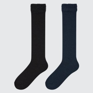 Gyerek Uniqlo Heattech Knee High Fluffy (Two Pairs) Zokni Fekete | OZYPK-9082