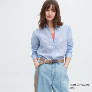 Női Uniqlo 100% Premium Linen Csíkos Long Sleeved Ingek Világos Kék | OVEUN-9371