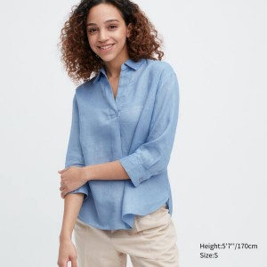 Női Uniqlo 100% Premium Linen Skipper Collar 3/4 Sleeved Ingek Kék | DANXR-2914