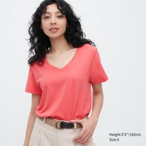 Női Uniqlo 100% Supima Pamut V Neck Rövid Sleeved Póló Rózsaszín | PBNHZ-4190