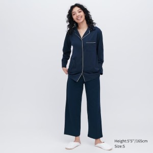 Női Uniqlo Airism Pamut Long Sleeved Nappali Ruha Sötétkék | VHWQA-6085