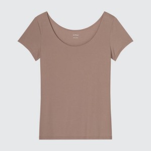 Női Uniqlo Airism Scoop Neck Rövid Sleeve Póló Barna | TLEDY-6958