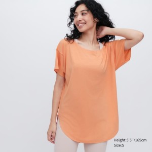 Női Uniqlo Airism Seamless Csónak Neck Longline Rövid Sleeved Póló Narancssárga | YNKTW-8935