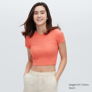 Női Uniqlo Bordázott Cropped Crew Neck Póló Narancssárga | CRBNU-6418