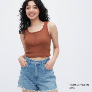 Női Uniqlo Bordázott Henley Neck Cropped Felsők Barna | SYUQZ-3458