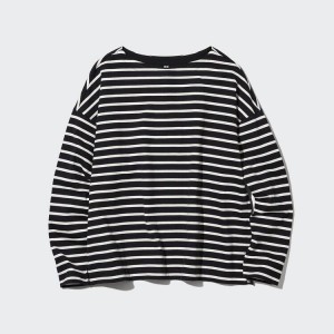 Női Uniqlo Csíkos Long Sleeved Póló Fekete | MHSXQ-6253