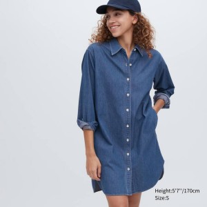 Női Uniqlo Denim Long Sleeved Ruha Kék | BLXTV-3482