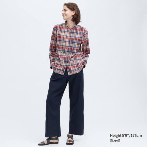 Női Uniqlo Ines De La Fressange Linen Pamut Blend Pintucked Long Sleeved Ingek Kék Piros | OBVTP-5283