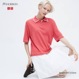 Női Uniqlo Jw Anderson Rövid Sleeved Polo Felsők Rózsaszín | FVWJS-3187