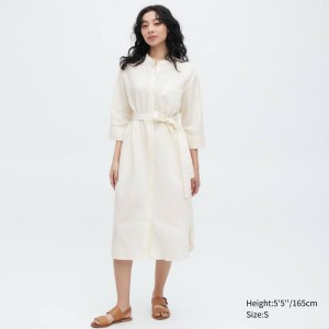 Női Uniqlo Linen Blend 3/4 Sleeved Ruha Fehér | FUCOM-4879