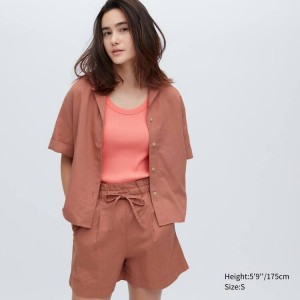 Női Uniqlo Linen Blend Open Collar Rövid Sleeved Ingek Barna | QUOBI-4523