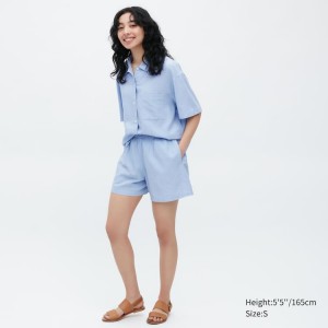 Női Uniqlo Linen Blend Rövid Sleeved Set Nappali Ruha Kék | BMEIY-0971