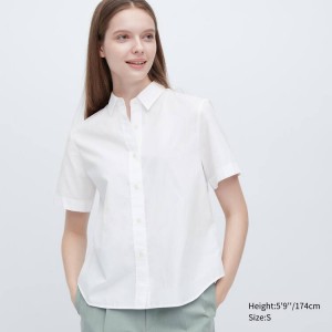 Női Uniqlo Pamut Rövid Sleeved Ingek Fehér | XTQZP-6254