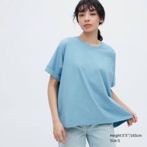 Női Uniqlo Pamut Sleeve Póló Kék | GMFBS-7980