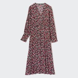 Női Uniqlo Printed V Neck Flared Long Sleeved Ruha Rózsaszín | LGCKB-3479