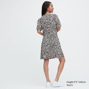 Női Uniqlo Printed V Neck Rövid Sleeved Mini Ruha Fehér Fekete | FPJUM-5406