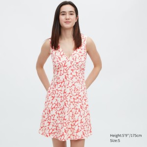 Női Uniqlo Printed V Neck Ujjatlan Mini Ruha Piros | FJSVL-6103