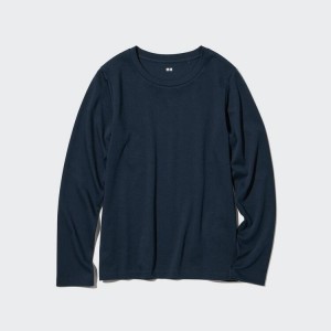 Női Uniqlo Smooth Stretch Pamut Crew Neck Long Sleeved Felsők Kék | KHZPT-9276