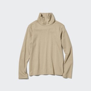 Női Uniqlo Smooth Stretch Pamut Turtleneck Long Sleeved Felsők Bézs | MIAWX-0381