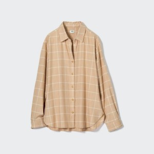 Női Uniqlo Soft Brushed Checked Long Sleeved Ingek Bézs | DJMPB-7103