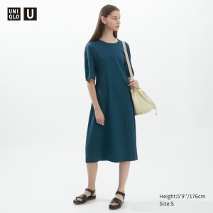 Női Uniqlo U Airism Pamut Rövid Sleeved Ruha Kék | CDYFW-2036