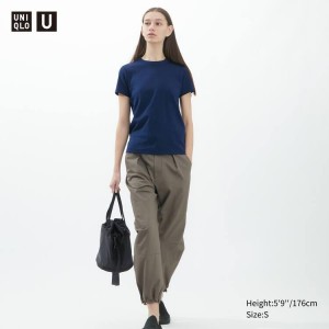 Női Uniqlo U Crew Neck Rövid Sleeved Póló Sötétkék | NQWTF-5296