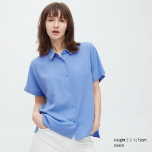 Női Uniqlo Viscose Rövid Sleeved Blúz Kék | BANWE-9263