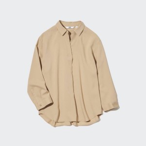 Női Uniqlo Viscose Skipper Collar 3/4 Sleeved Blúz Khaki | PMRSH-5028