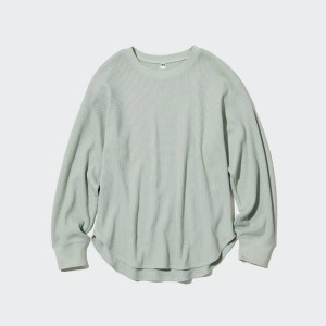 Női Uniqlo Waffle Crew Neck Long Sleeved Felsők Zöld | HJBEA-3450