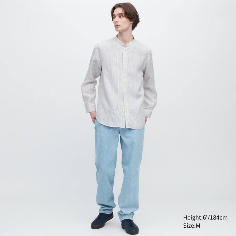 Férfi Uniqlo 100% Premium Linen Csíkos Regular Fit (Grandad Collar) Ingek Kék | JSDTF-1926