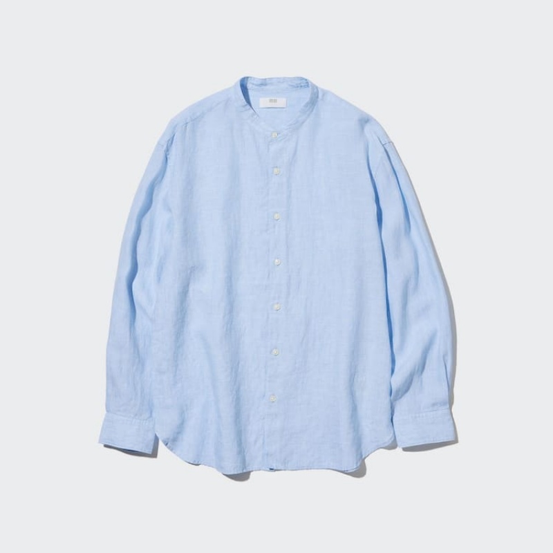 Férfi Uniqlo 100% Premium Linen Regular Fit (Grandad Collar) Ingek Kék | UFELC-1690