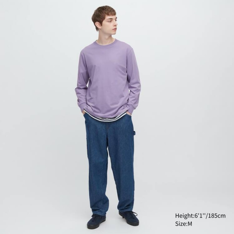 Férfi Uniqlo Airism Pamut Crew Neck Long Sleeved Póló Lila | GYMAE-3459