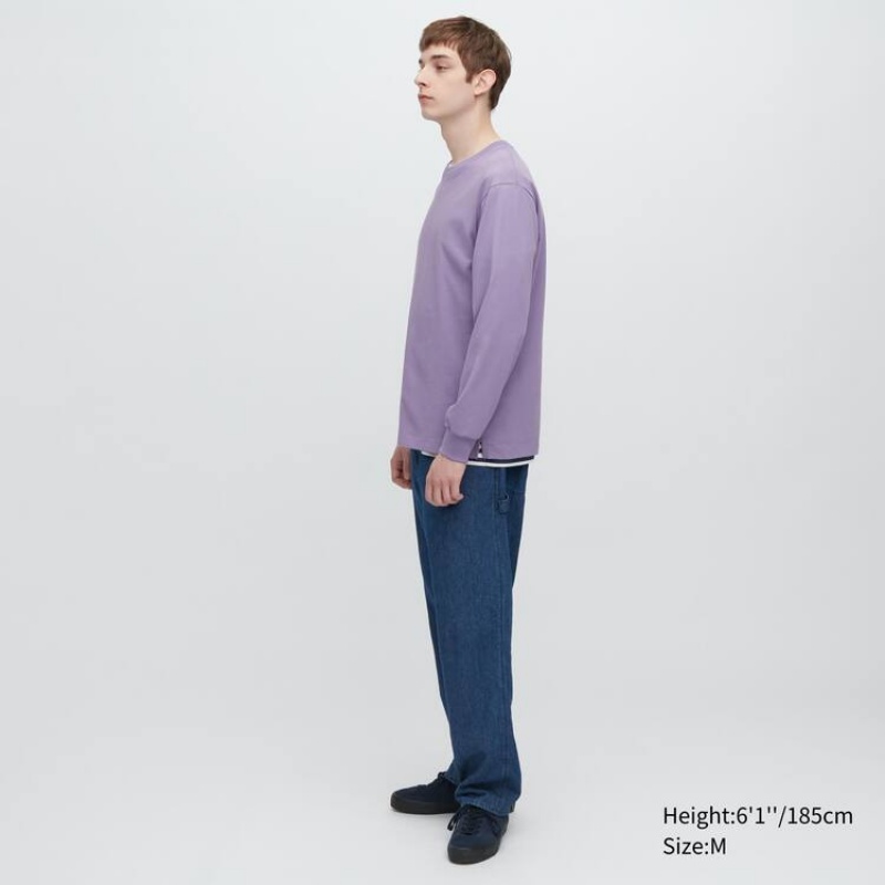 Férfi Uniqlo Airism Pamut Crew Neck Long Sleeved Póló Lila | GYMAE-3459