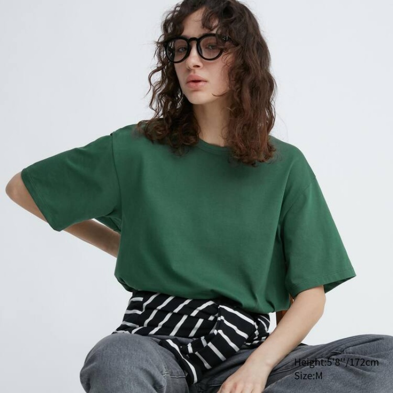 Férfi Uniqlo Airism Pamut Crew Neck Rövid Sleeved Póló Zöld | LWZTO-4712