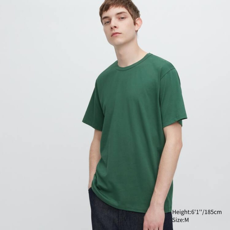 Férfi Uniqlo Airism Pamut Crew Neck Rövid Sleeved Póló Zöld | LWZTO-4712